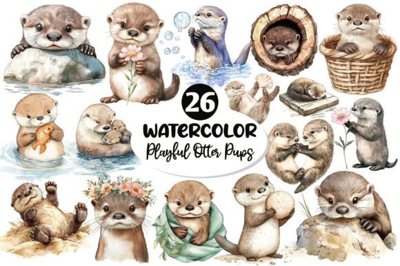 Download Watercolor Playful Otter Pups Clipart - Premium Bundle